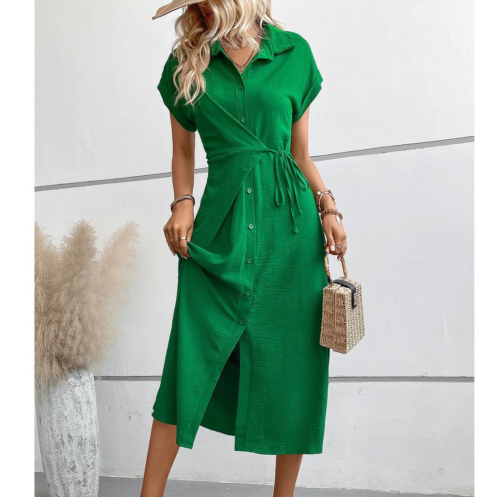 Женское свободное однотонное платье с высокой талией и короткими рукавами на пуговицах
