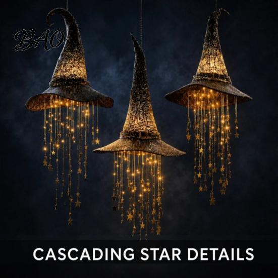 Halloween Hanging Decorations Lighted Witch Hat Chime, LED Glowing Wizard with Party Decoration Supplies Swinging Star Tassels, Indoor Outdoor