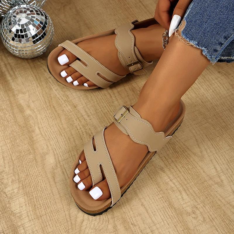 Fashion Womne's Retro Cork Sole Slippers Fashion Buckle Clip Toe Flat Sandals for Women 2025 Summer Comfort Non Slip Beach Shoes Slides