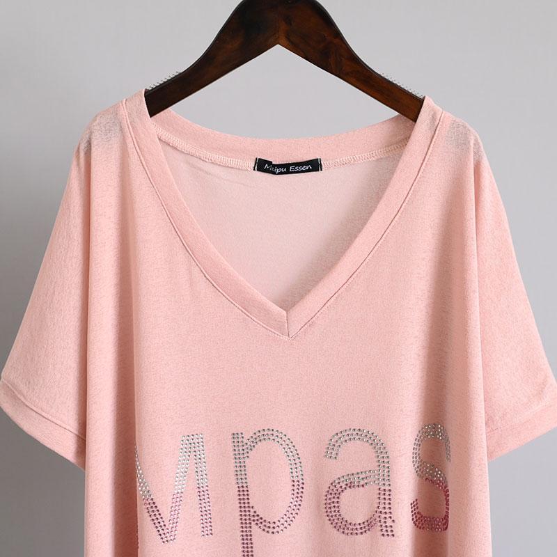 Extra Large Size T-shirt Women's Summer V-neck Clothes Fashion Loose Diamond-studded Letter Short-sleeved T-shirt Women