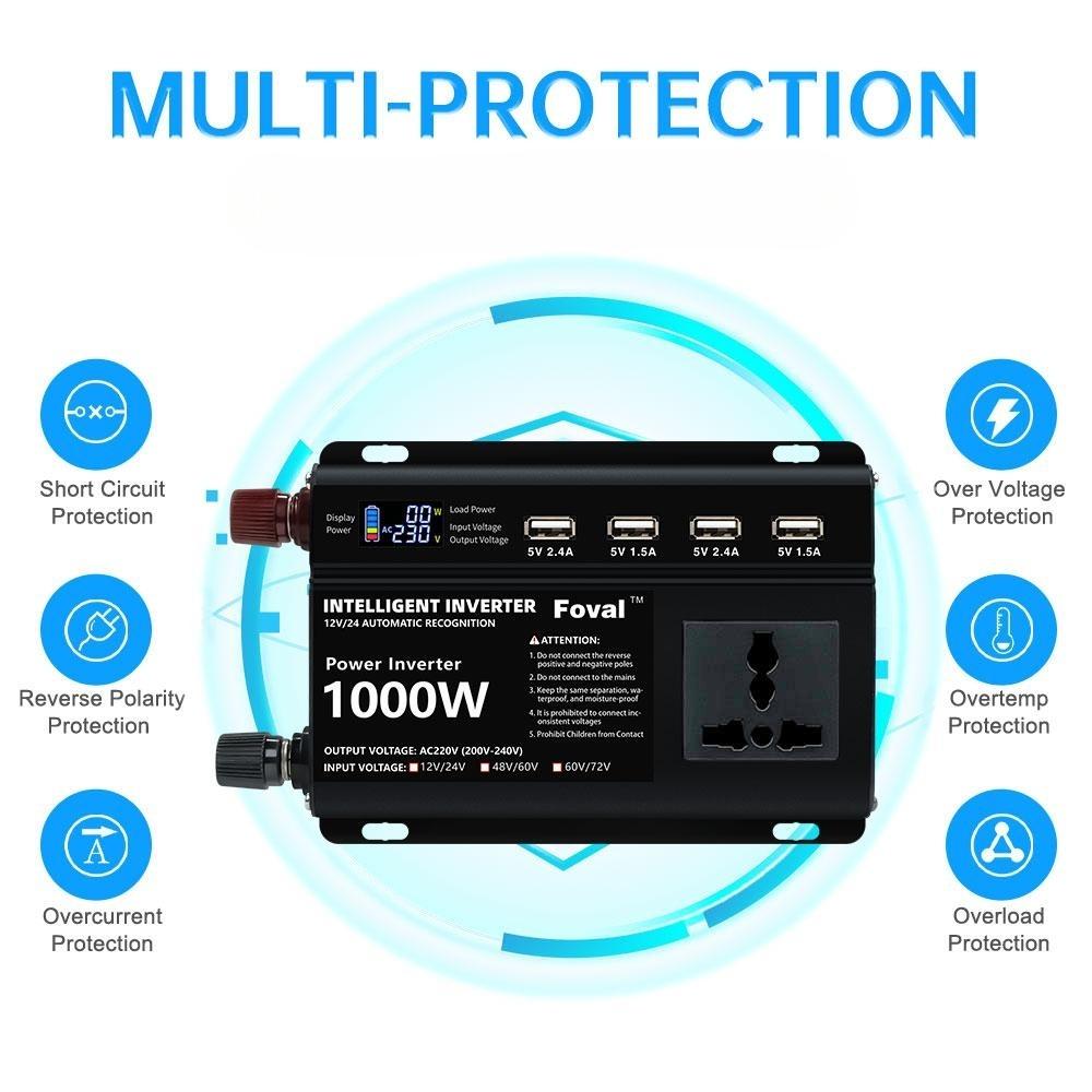 Двойное напряжение с автоматическим переключением постоянного тока 12 В и 24 В;48В и 60В;60 В и 70 В переменного тока, 220 В, 300 Вт, непрерывный/1000 Вт, пиковая модифицированная синусоидальная волна, 4 источника питания USB, инвертор мощности 220 В