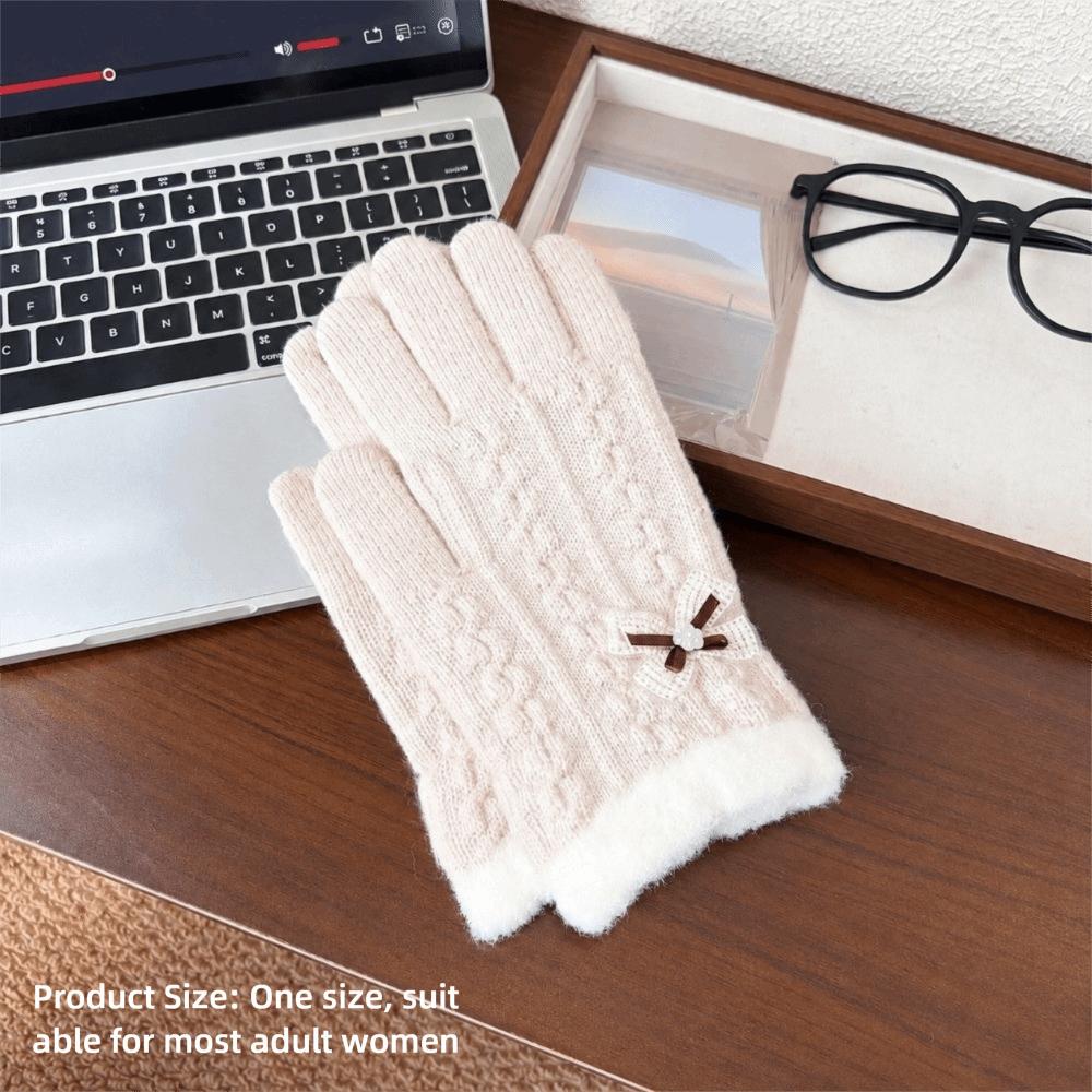 Fleece Lined One Tip Touch Screen Gloves Bow Decoration Cold Proof Gloves Outdoor Activities