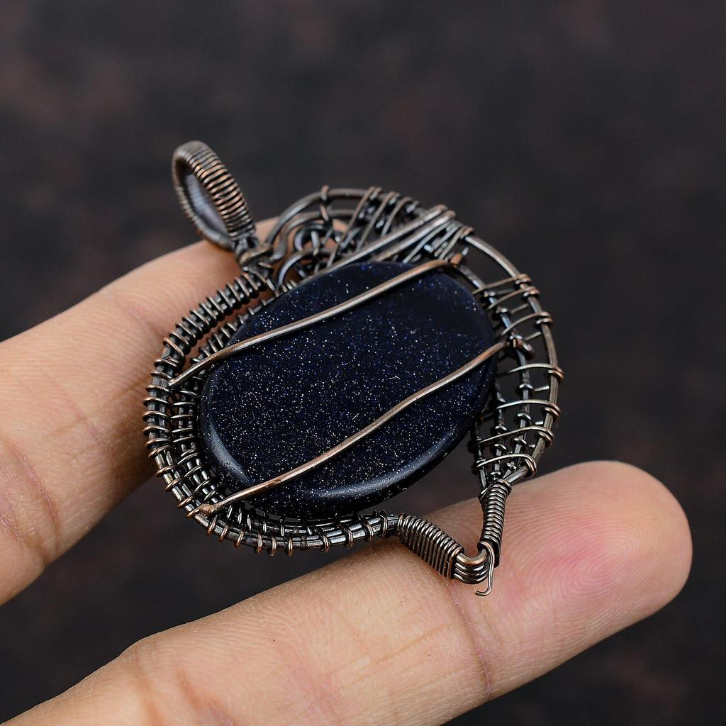 Кулон из синего солнечного камня, обернутый медной проволокой, Ювелирные изделия, Кулон из драгоценного камня, Украшения ручной работы, Стильный кулон, Кулон, обернутый медной проволокой, Подарок для нее