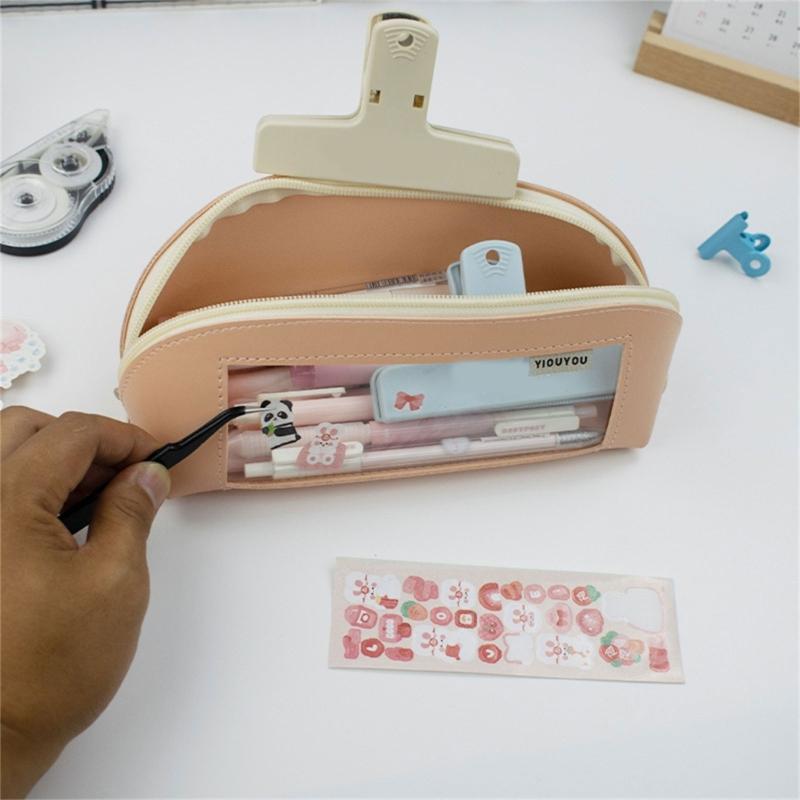 Leather Pencil Case Large Compartment Pencil Bag Water Resistant Clear Pen Pouches Pen Organizers Bag for Student Adult