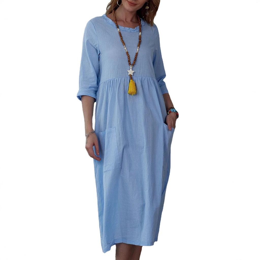 Women's Midi Dress Women's Solid Color Sleeve Round Neck Dress