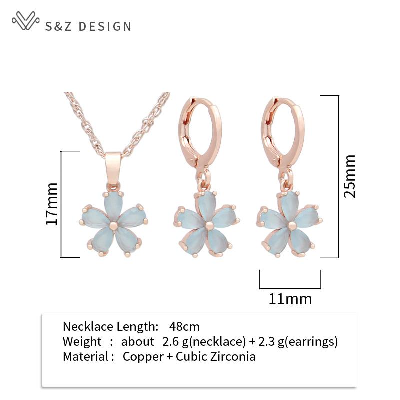 Stylish Rose Gold Color Cute Cubic Zirconia Flower Drop Earrings Jewelry Sets For Women Wedding Elegant Fashion Pendant Necklace