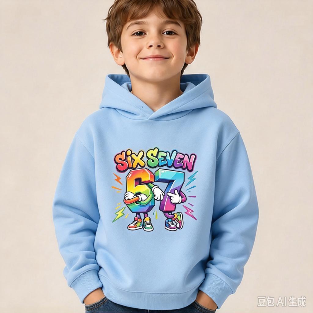 2026 New Autumn/Winter Christmas Boys' Rainbow Pattern Cartoon Hoodie "SIX SEVEN 67" - Trendy Streetwear