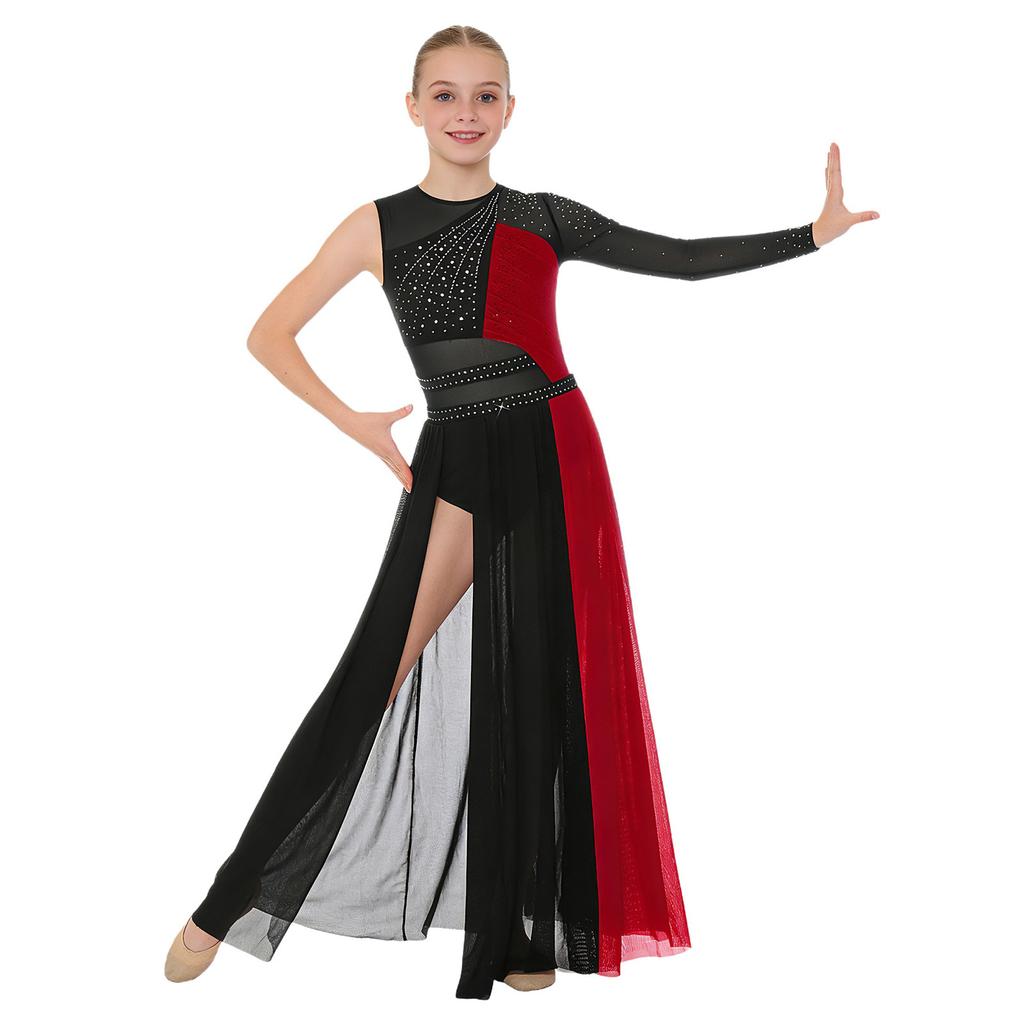 Kids Girls Dance Competition Dress: Color Block Patchwork Side Split Mesh with Shiny Rhinestones & Back Invisible Zipper for Lyrical Performance