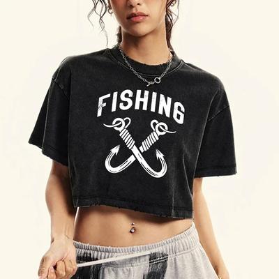 Женская выстиранная футболка с принтом рыболовного крючка, модная футболка Y2K с коротким рукавом, летний хлопковый кроп-топ, ретро-футболка