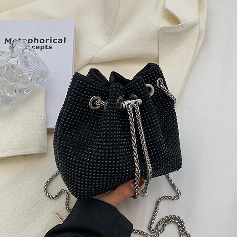 Luxury Rhinestone Shoulder Bags For Women Pearl Chains Bucket Crossbody Bags Drawstring Underarm Handbag Messenger Purse Quality