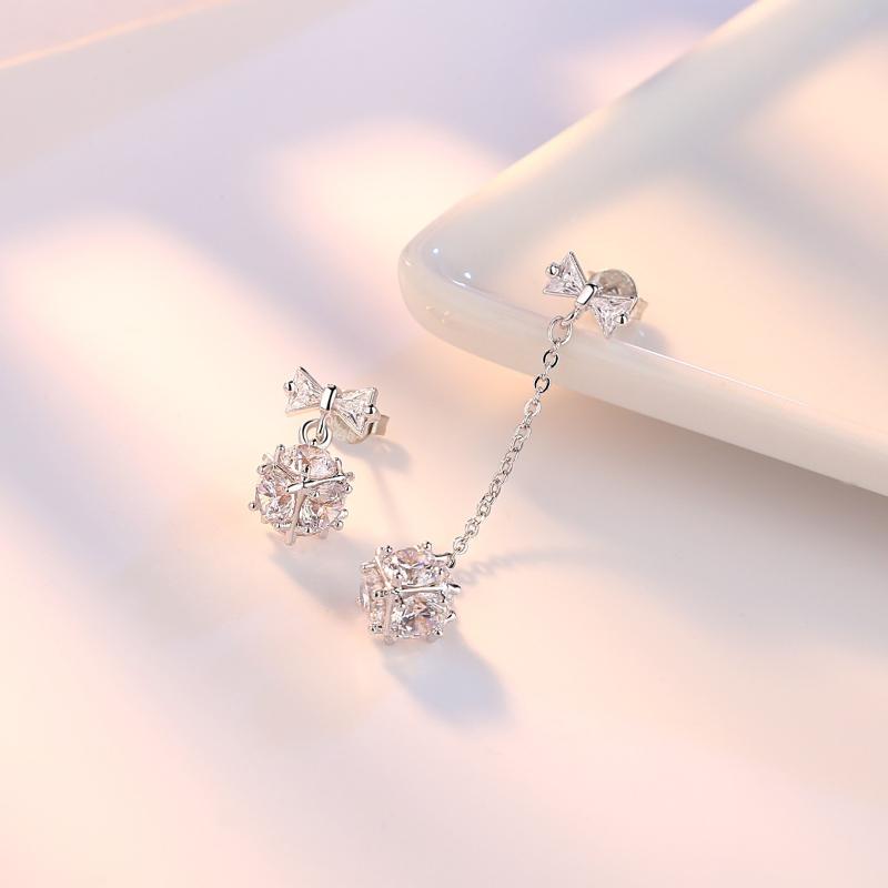 Womens Korean Fashion 925 Silver Plated Anti-allergy Square Zircon Crystal Rubik's Cube Candy Bows Dangle Drop Earrings Female Ear Jewelry Xmas Gift