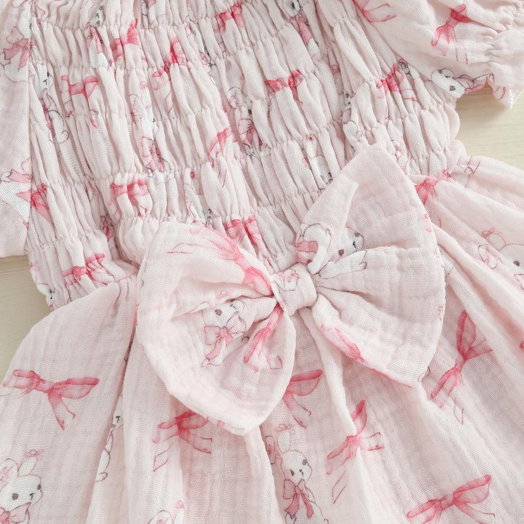 Пасхальное платье-комбинезон для девочек с принтом кролика, короткими рукавами-фонариками, присборенным комбинезоном с бантом на голове