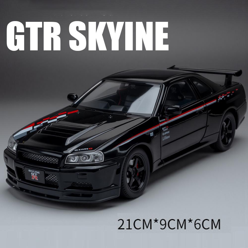 1:24 Scale GTR R34 Alloy Car Model Toy Shock Absorption Metal Diecast Doors Opened Sports Cars Models Sound Light Gifts