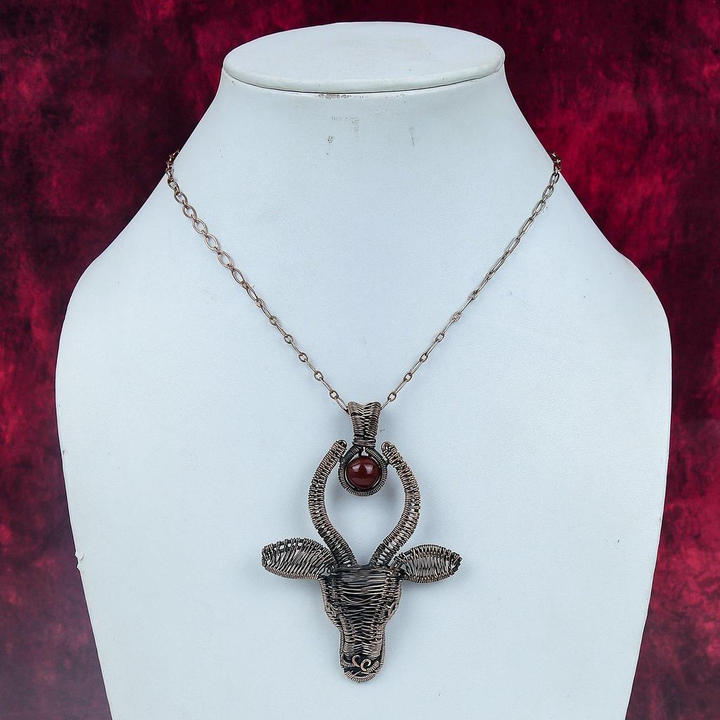 Carnelian Gemstone Pendant Copper Wire Wrapped Cow Face Pendant Handmade Jewelry