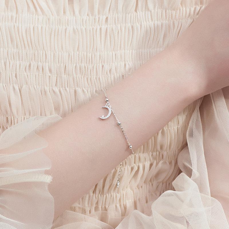 Серебряный браслет S925, маленький свежий браслет для женщин, милый блестящий браслет в форме полумесяца, круглый браслет из бисера со звездой и луной