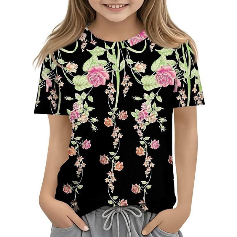 Детская футболка с 3D-принтом, новая повседневная универсальная детская одежда с цветочным 3D-принтом, футболка с короткими рукавами и круглым вырезом