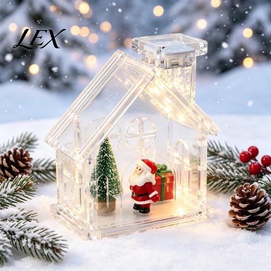 Decorative Shelf Figurine Holder Clear Acrylic House Ornament, DIY Fillable Christmas with Light, Hobbyist Decor Set Rechargeable Lighted Table