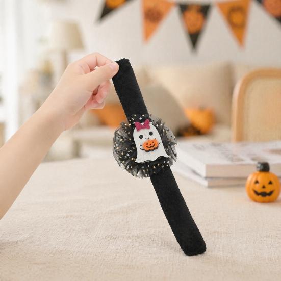 Adjustable Resilient Steel Plate Bracelets Stuffed Halloween Slap for Kids, Plush Pumpkin Ghost Skull Cute Wrist Assorted Pattern Bands Band
