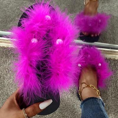 Модные летние пушистые меховые шлепанцы на платформе для женщин, модные сандалии-клинья с жемчужным декором, женские шлепанцы на толстой подошве, нескользящие, для улицы