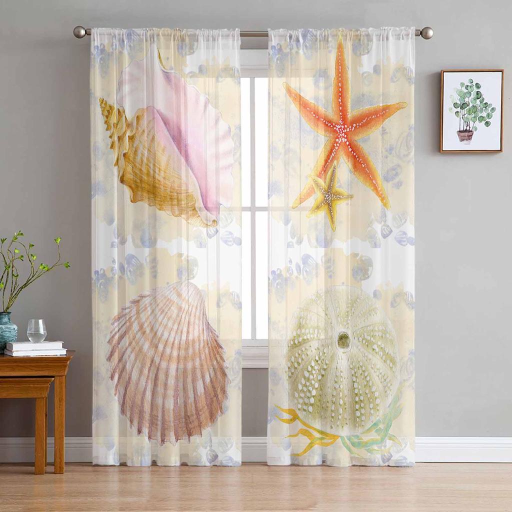 Retro Watercolor Sea Urchin Shell Starfish Ocean Sheer Curtains Modern Gauze Curtain for Living Room Bedroom Voile Yarn Curtains