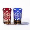 Kobo Edo Kiriko Quatrefoil with Yarai Fish Crest Tumbler Pair TB94419ARB Wooden Box Made In Japan [Taimuro Official] (Amber Red/Amber Ruri)