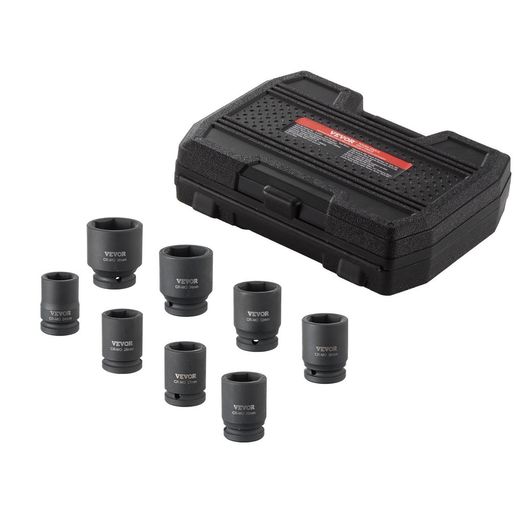 VEVOR Axle Nut Impact Socket Set, 3/4" Drive 6-Point 8-Piece Metric Spindle Nut Socket Set