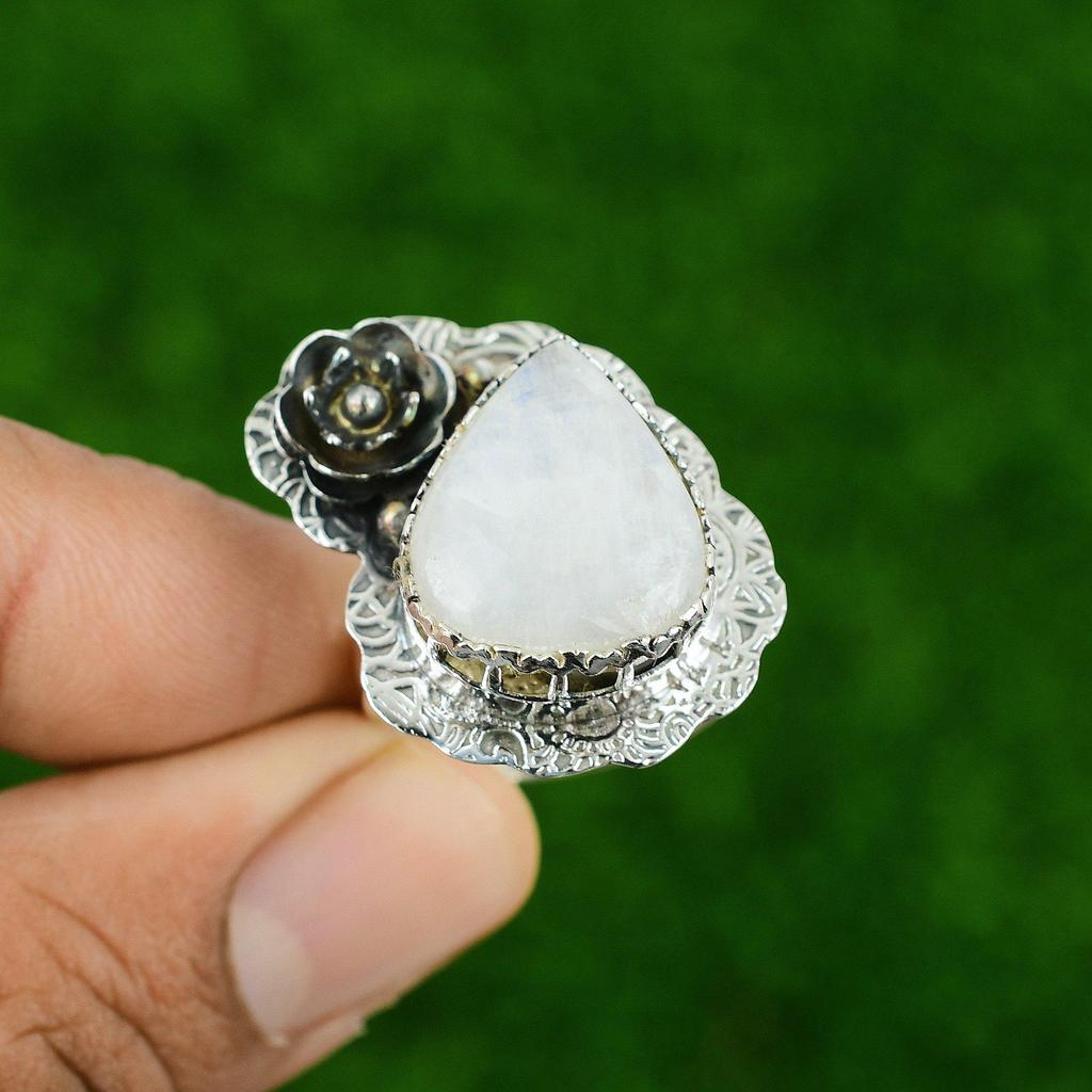 Natural Rainbow Moonstone Sterling Silver Flower Engagement Solitaire Wife Ring