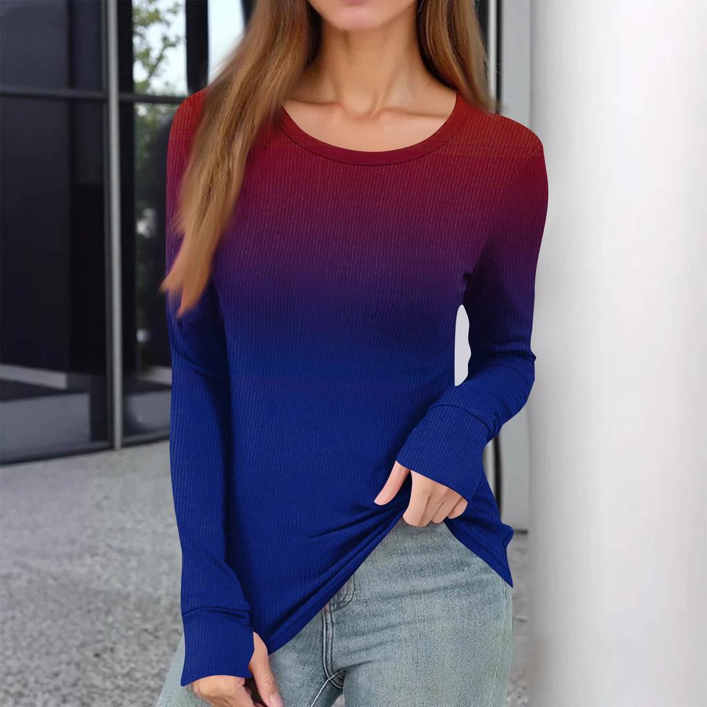 Women's And Winter Slim Bottom T-shirt Fashion Casual Gradient Printing Round Neck Pullover Long Sleeve Top