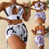 Sexy Print Women Swimsuits Halter Bikinis Set Mesh Cover-up Skirt Three Piece Beach Outfits Summer Swimming Bathing Suits