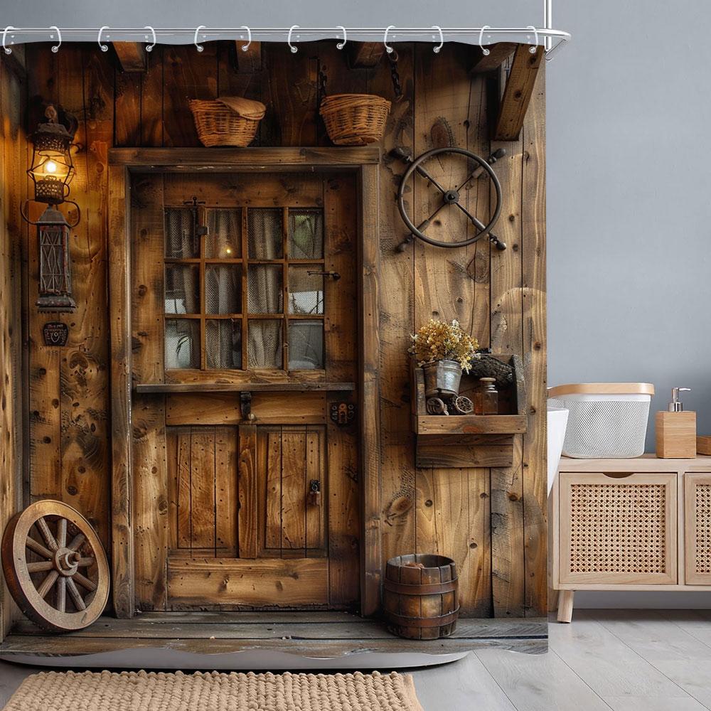 Ретро Деревенские Деревянные Двери Шторки для Душа Винтажный Фермерский Дом Амбар Старая Дверь Домашний Декор Водонепроницаемый Полиэстер Набор Занавесок для Ванной