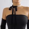 Trend Wedding Party Jewelry Long Black Ribbon Choker Necklace for Women Elegant White Imitation Pearl Beach Vacation Necklaces