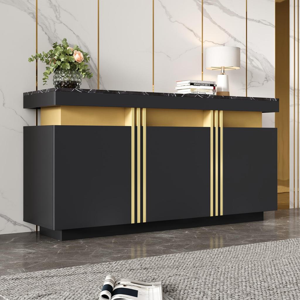 Сервант, кухонный шкаф, 3 дверцы, современная столешница буфета, регулируемая полка, гостиная, столовая, прихожая, вид мрамора, черный
