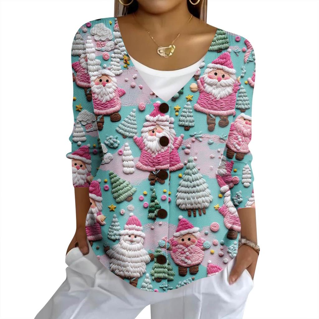 Women's Fashion Casual Knit Sweater Button-Up Christmas Print Cardigan Jacket