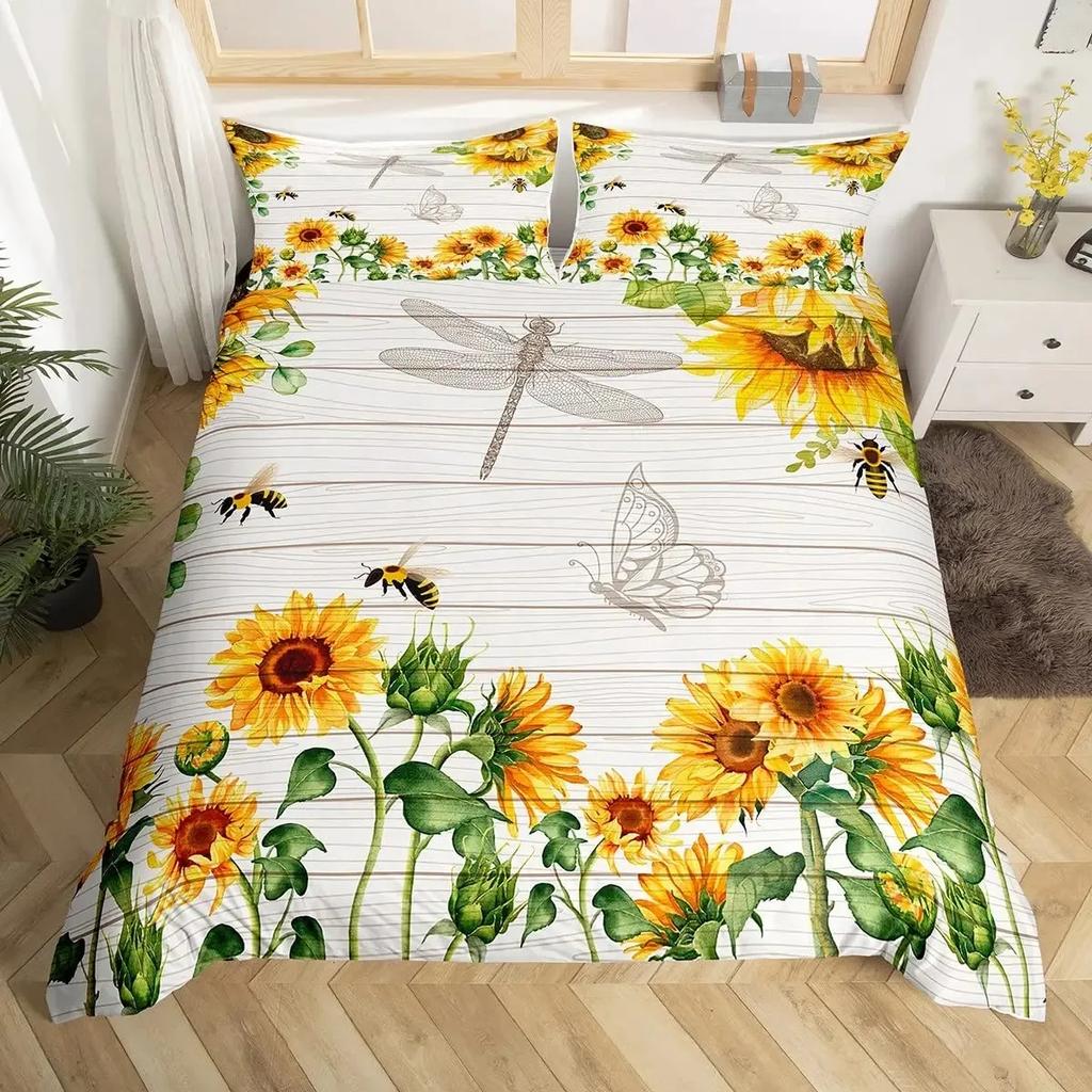 Bee And Butterfly Duvet Cover Set,Spring Floral Bedding Sets For Boys Girls,Colorful Flowers Country Style Comforter Cover Queen