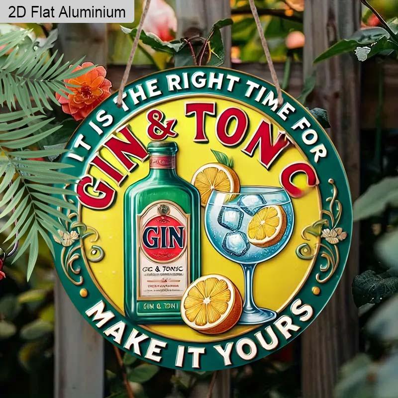 2D Flat 1pc Retro Bar Aluminum Decoration Plaque, "It's The Right Time for Gin & Tonic" Lettering Sign, Home Bar Decor, Pub Decor, Kitchen Decor