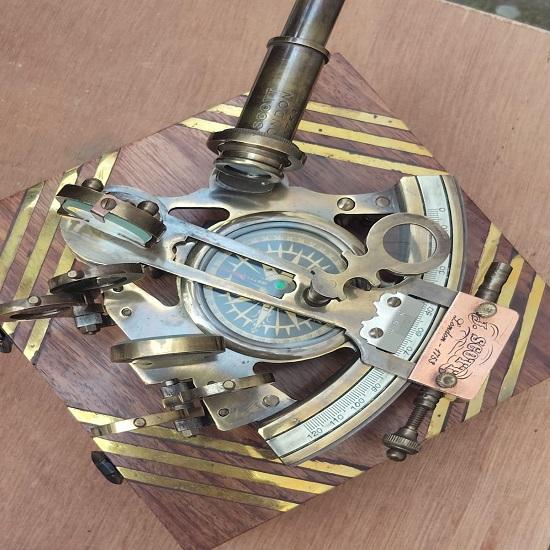 Brass Sextant Compass with Wooden Box Nautical Maritime Navigation Instrument Handcrafted Sailor