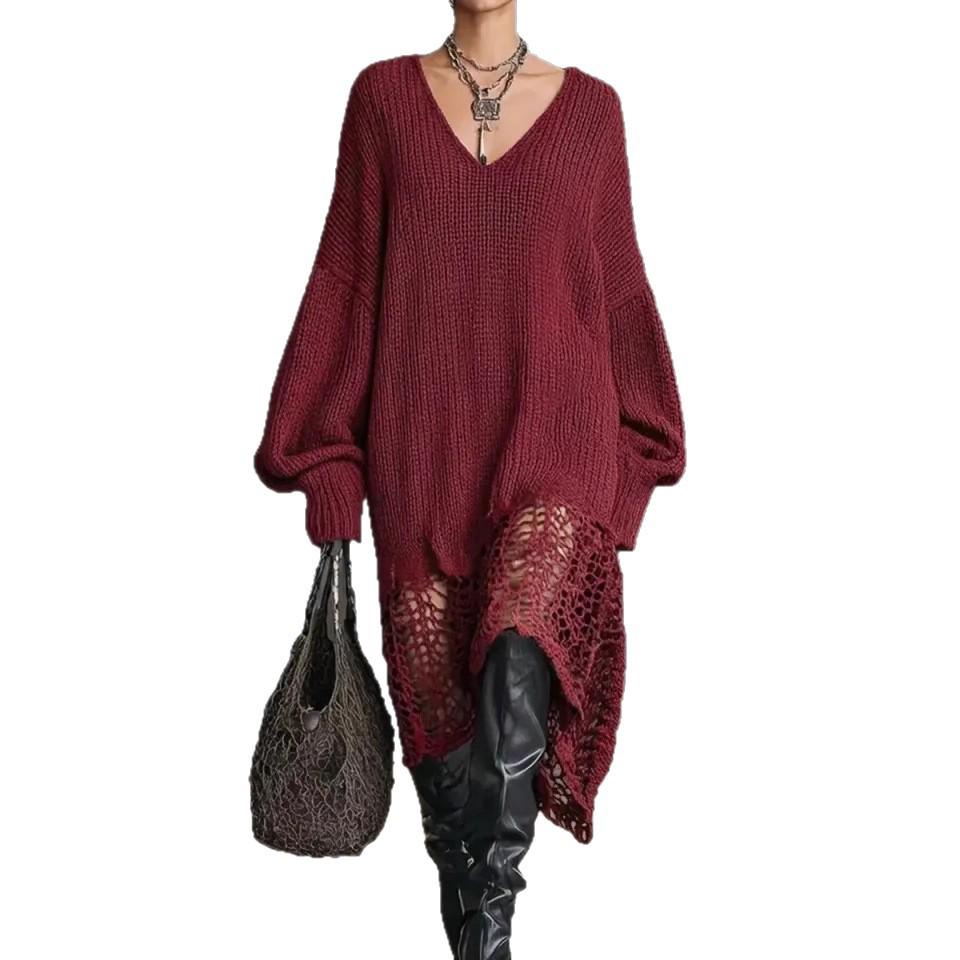 Европейское и американское вязаное платье с V-образным вырезом, неровным подолом и ажурным дизайном