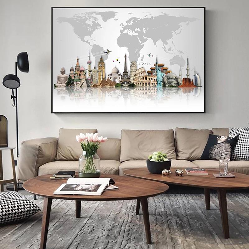 Карта мировых туристических достопримечательностей, холст, картина, знаменитые строительные плакаты и принты, настенная художественная картина для гостиной, украшения дома