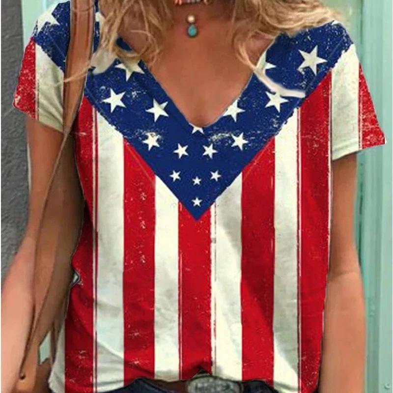 Summer V-neck 3D American Flag Printed Top Fashionable Casual Short Sleeved Women's T-shirts