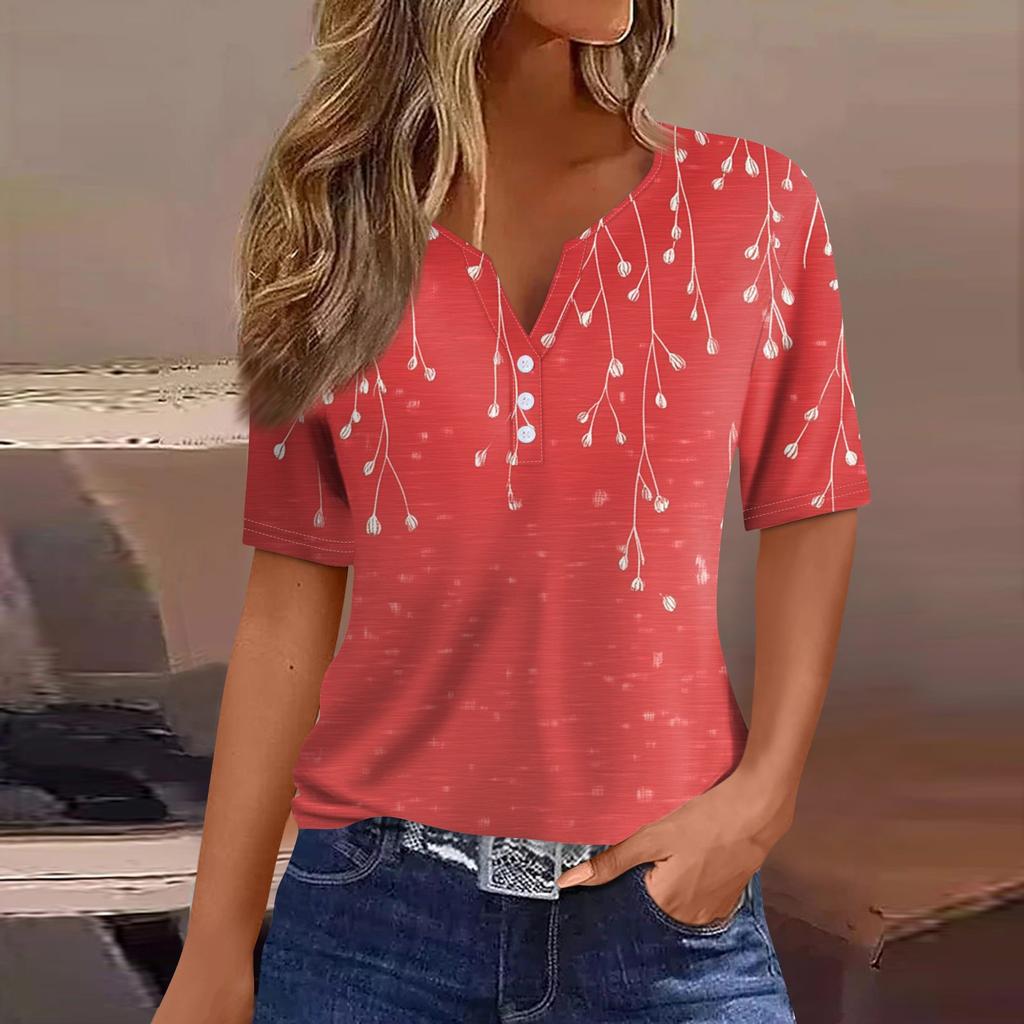 Жен. Футболка Футболка С принтом Пуговицы С короткими рукавами Повседневные Выходные Мода Классический V-образный вырез Обычный Верх