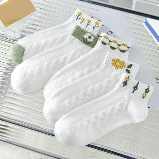 5 Pairs Women Socks Refreshing Flower Prints Mid-tube Shallow-cut High Elasticity Soft Breathable Sweat Absorption Anti-slip Girls Daily Sports Socks