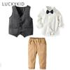 Fashion Baby Boys Tuxedo Suit Baby Boy Gentleman Cartoon Shirt Tops+Waistcoat+Pants Outfit Set Clothes