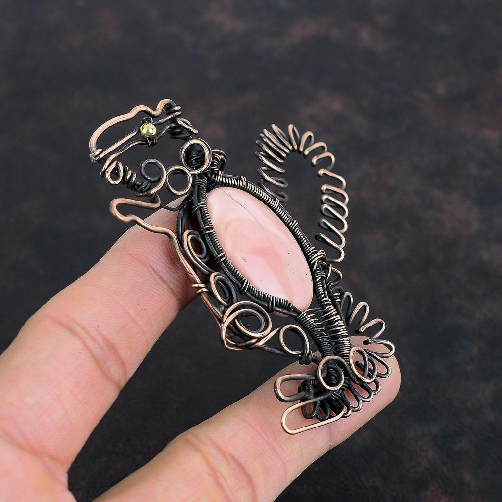 Розовый опаловый кулон из медного драгоценного камня, кулон с проволочной обмоткой, медные украшения ручной работы, красивый кулон в виде кролика, украшения с проволочной обмоткой для подарков