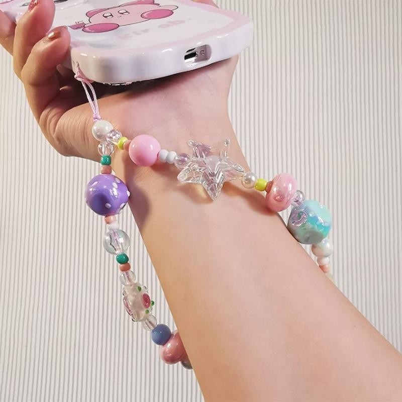Ремешок для мобильного телефона, граффити, цветной браслет со звездой и бусинами, женский короткий кулон на запястье, универсальный шнурок против потери для ключей
