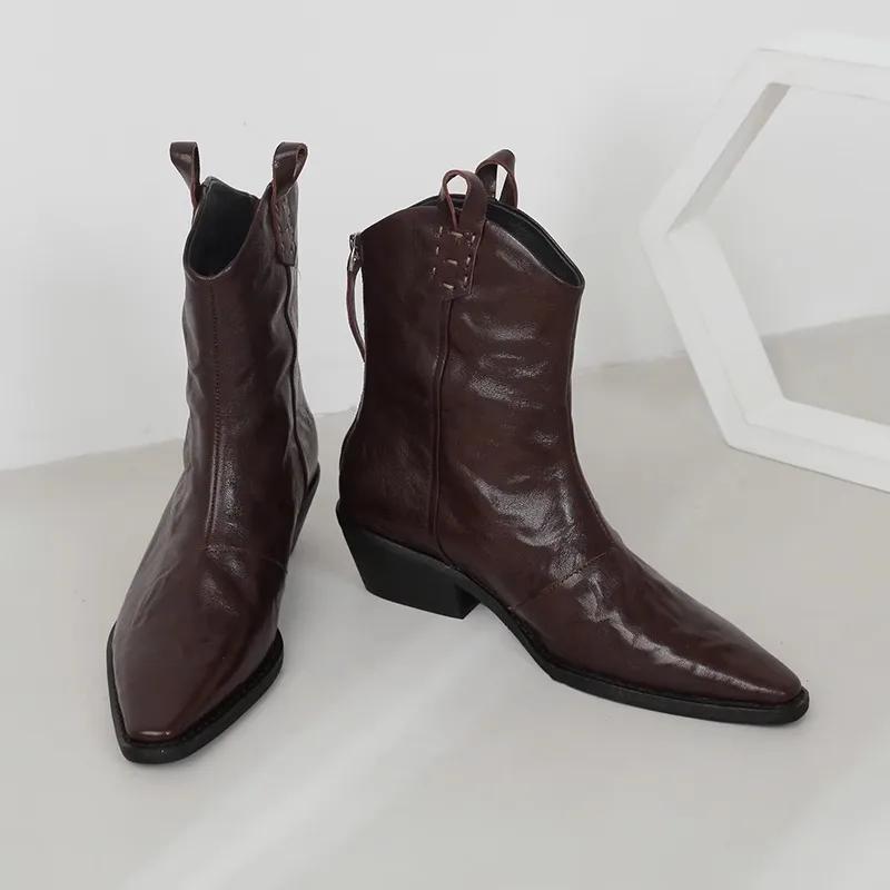 Women's Pointed Toe Western Boots Autumn Comfortable Back Zip Short Boots Solid Color Thick Heel Shoes Zapatos De Mujeres