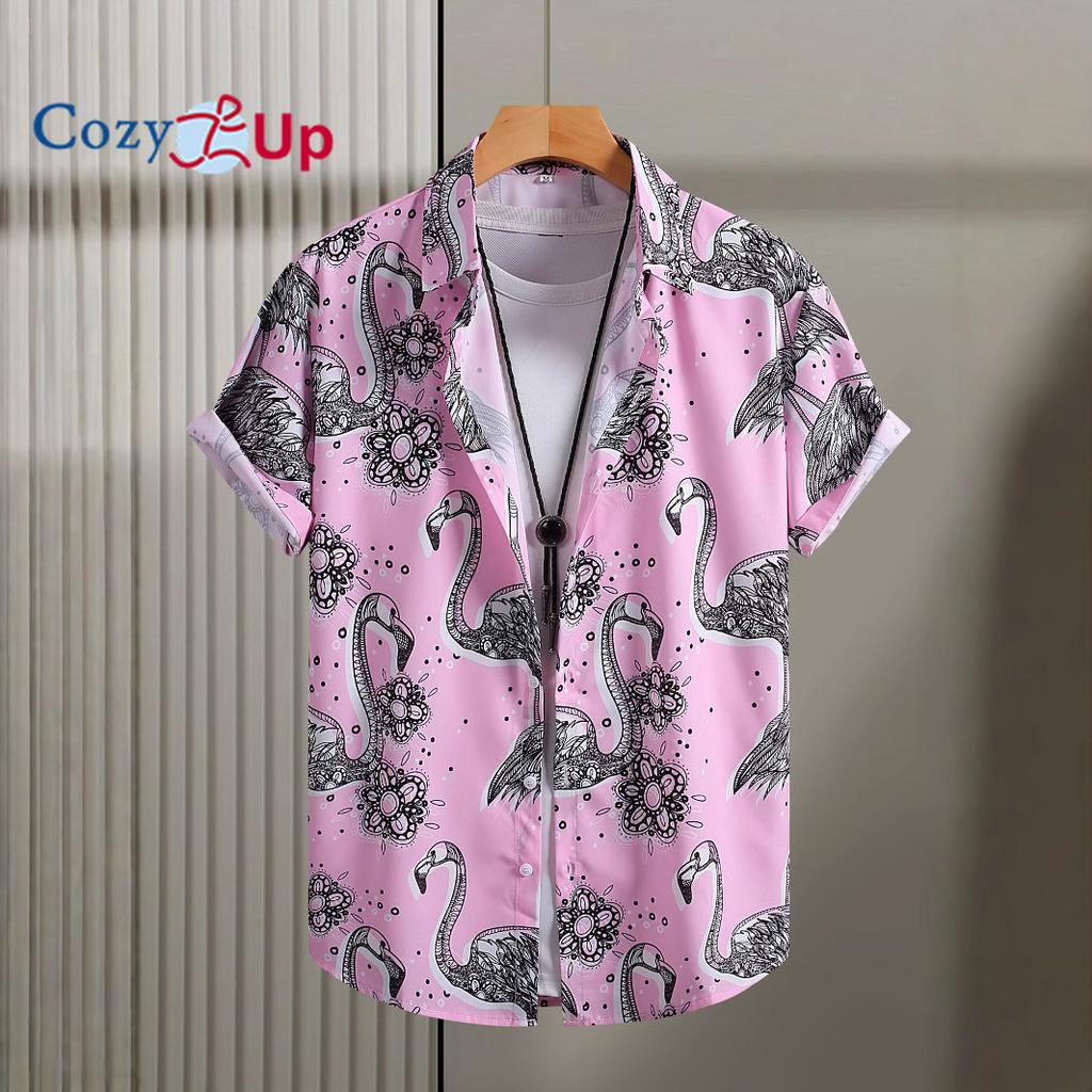 Мужская рубашка с коротким рукавом, розовая рубашка с фламинго для мужчин, повседневная мода, лето 2025, новая рубашка с цветочным принтом