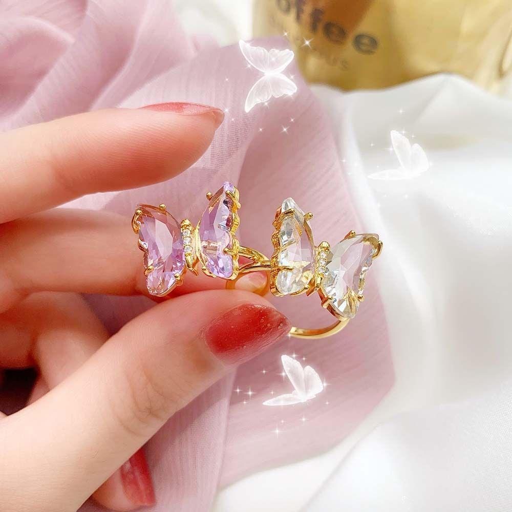 Adjustable Women Korean Gradient Color Finger Rings Crystal Fashion Jewelry Butterfly Open Ring