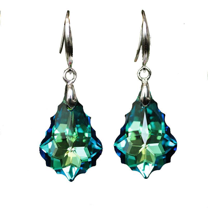 Ladies' Blue Baroque Leaf Earrings with S925 Silver Needle & Austrian Crystals