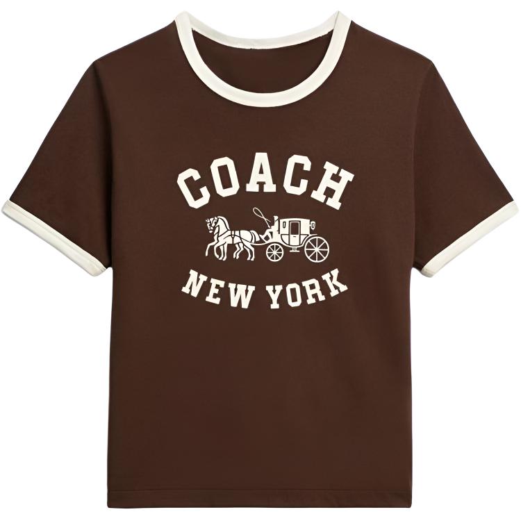 Coach Хлопковая футболка с круглым вырезом и короткими рукавами с принтом логотипа Женские топы CBO87-BRN