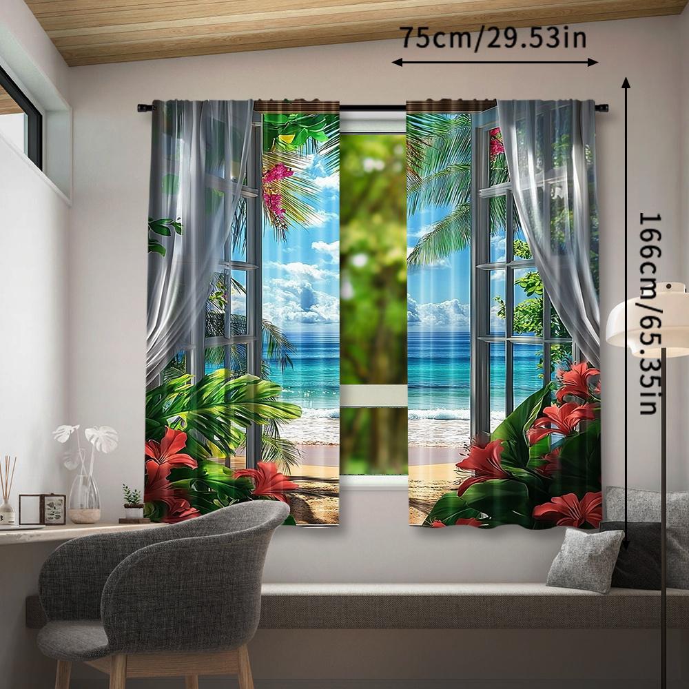 2 pieces of modern landscape printing curtain-rod pocket design easy to hang window curtain for home decoration